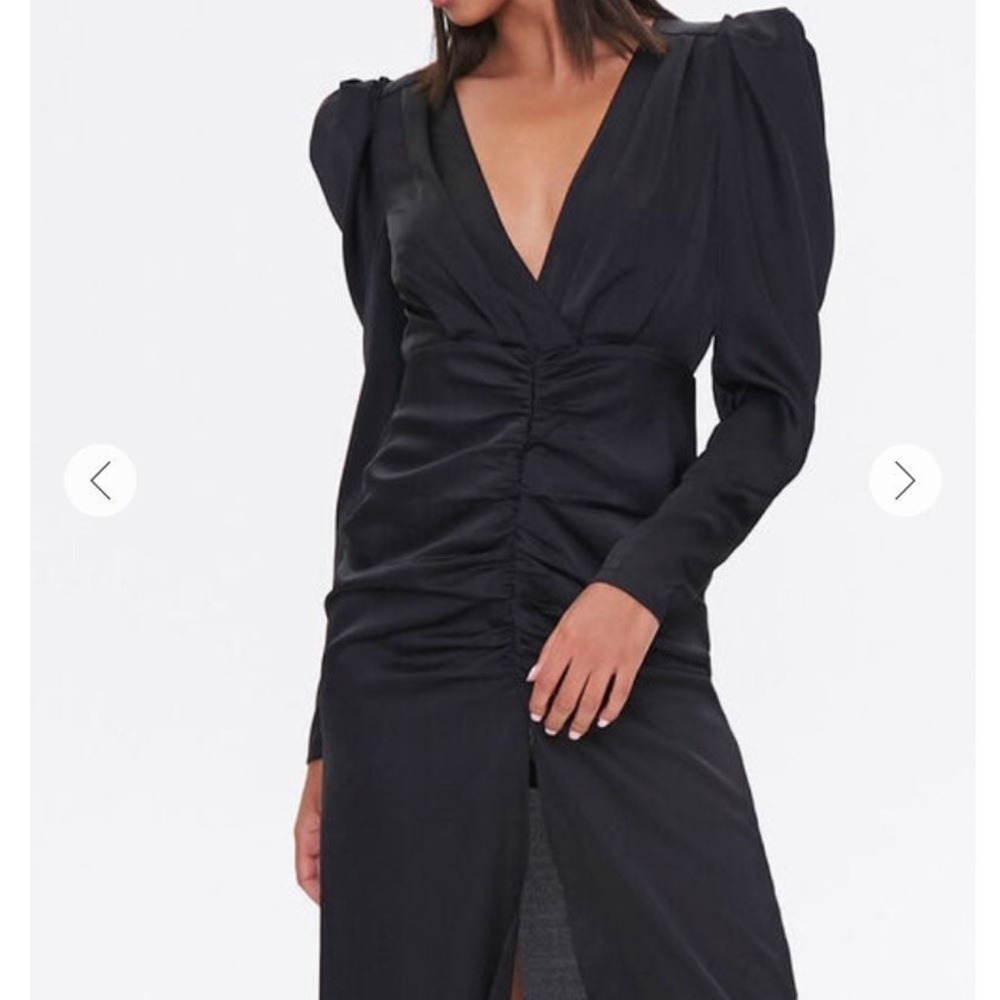 Ruched Puff-Sleeve Midi Dress
